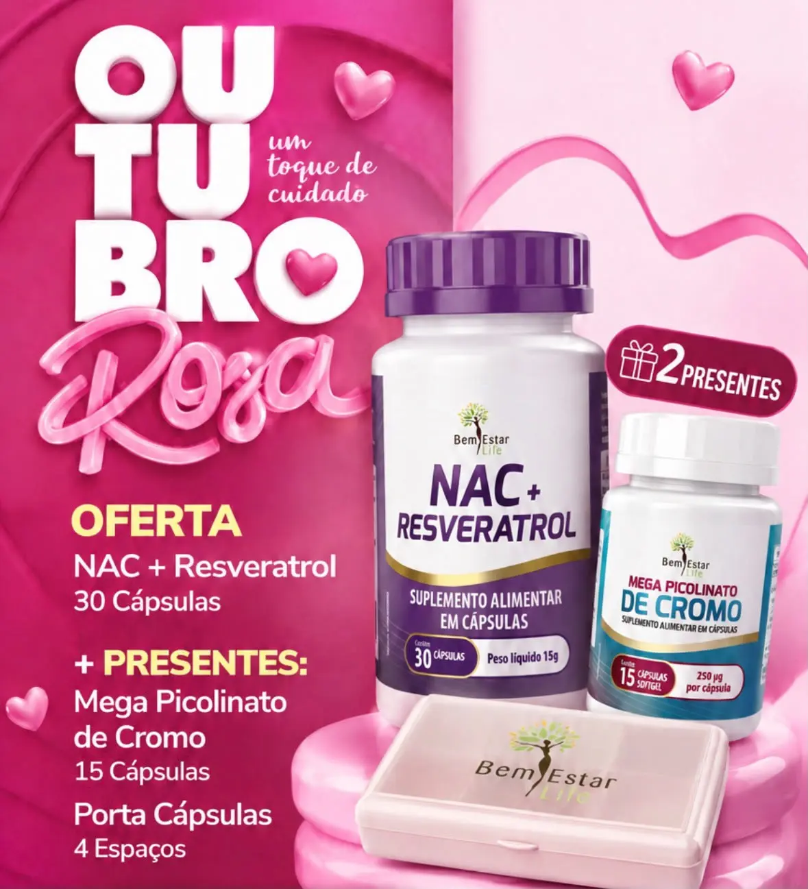 NAC + RESVERATROL 30 CAPS -PRESENTE MEGA PICOLINATO DE CROMO -15 CAPS + PORTA CAPSULAS 4 ESPAÇOS 