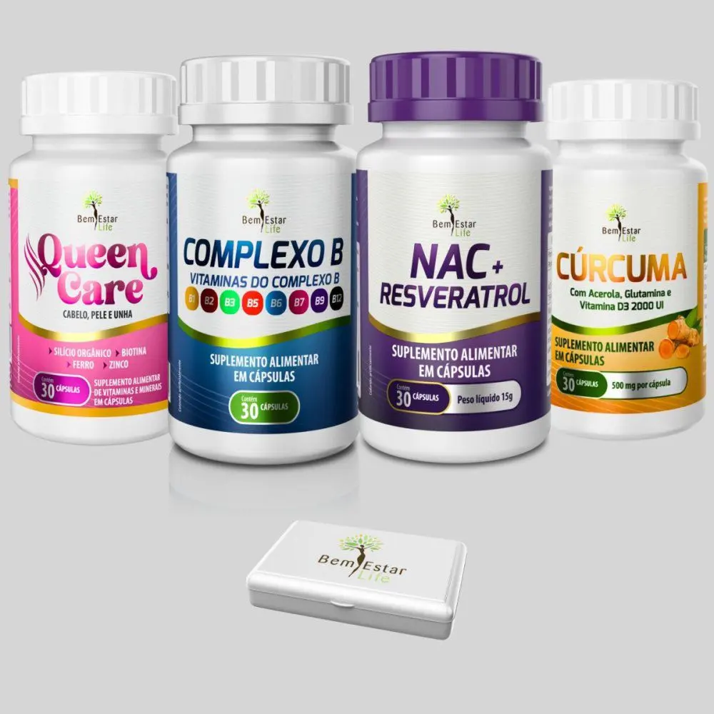 KIT CANETA: COMPLEXO B 30 CAPS ;-CURCUMA 30 CAPS;-QUEEN CARE 30 CAPS (CABELO E UNHA )- NAC+RESVERATROL 30 CAPS.